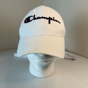 Champion Hat Spellout White Adjustable‎ Ball Cap Leather Strap & Buckle